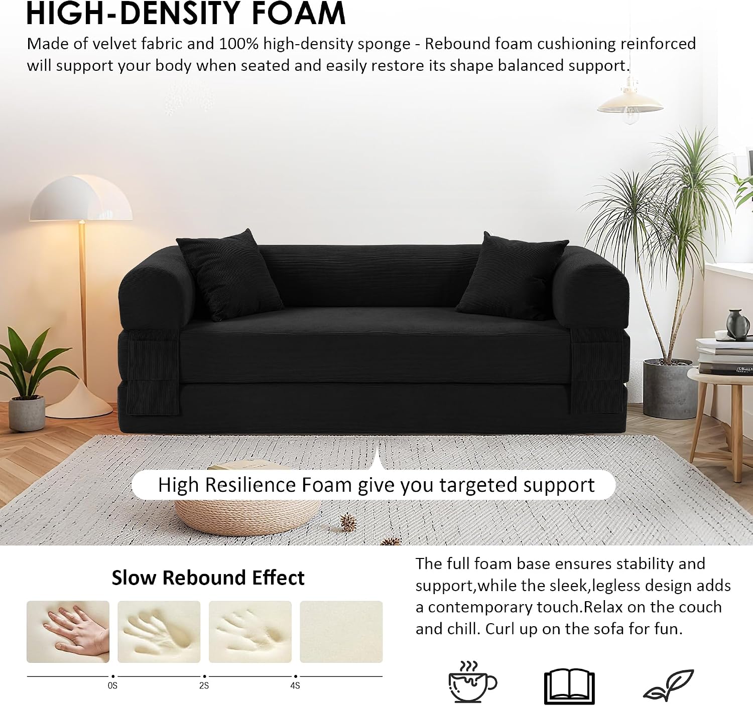 80' Convertible Sofa Bed, Corduroy Deep Seat Folding Pull Out Couch with Pillows, No Assembly Modern Boneless Couch Compression Sofa in Box, Floor Sofa with Storage Pocket for Living Room,Black