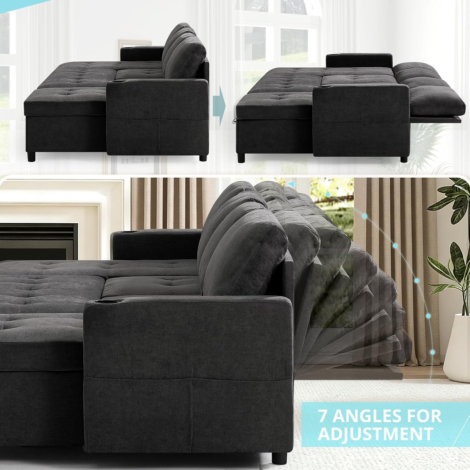 110' Fabric Pull-Out Couch Bed w/Adjustable Backrests, Sectional Sleeper Sofa w/USB Ports & 2 Cup Holders, Upholstered U-Shaped Couch w/Storage Chaise for Living Room, House, Grey