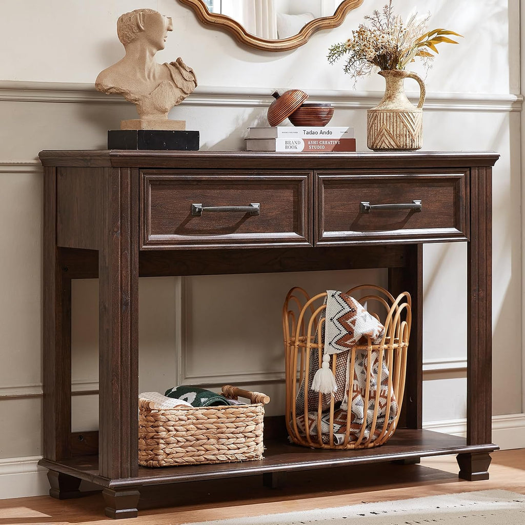 SAVOR LIFE Farmhouse 46' Console Table with 2 Drawers, Rustic Wood 2 Tier Entryway Table with Open Storage Shelf for Entry, Large Mid-Century Vintage Sofa Tables Behind Couch for Living Room, Walnut