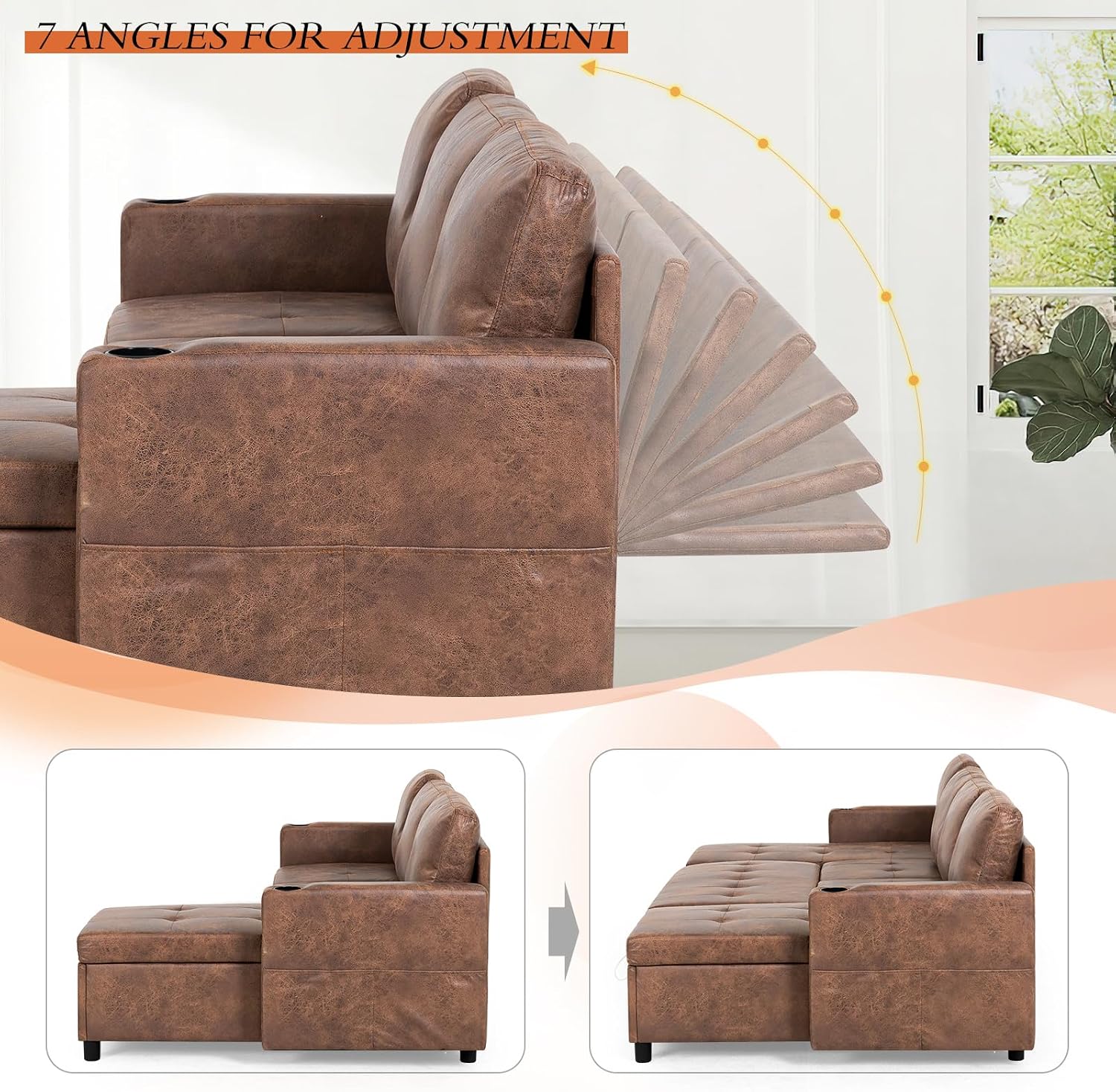 84' L-Shape Pull Out Sofa Bed with Adjustable Backrest, Upholstered Sectional Sleeper Sofa with Storage Chaise, Suede Leather Reversible Couch Bed with USB Port for Living Room, House, Brown