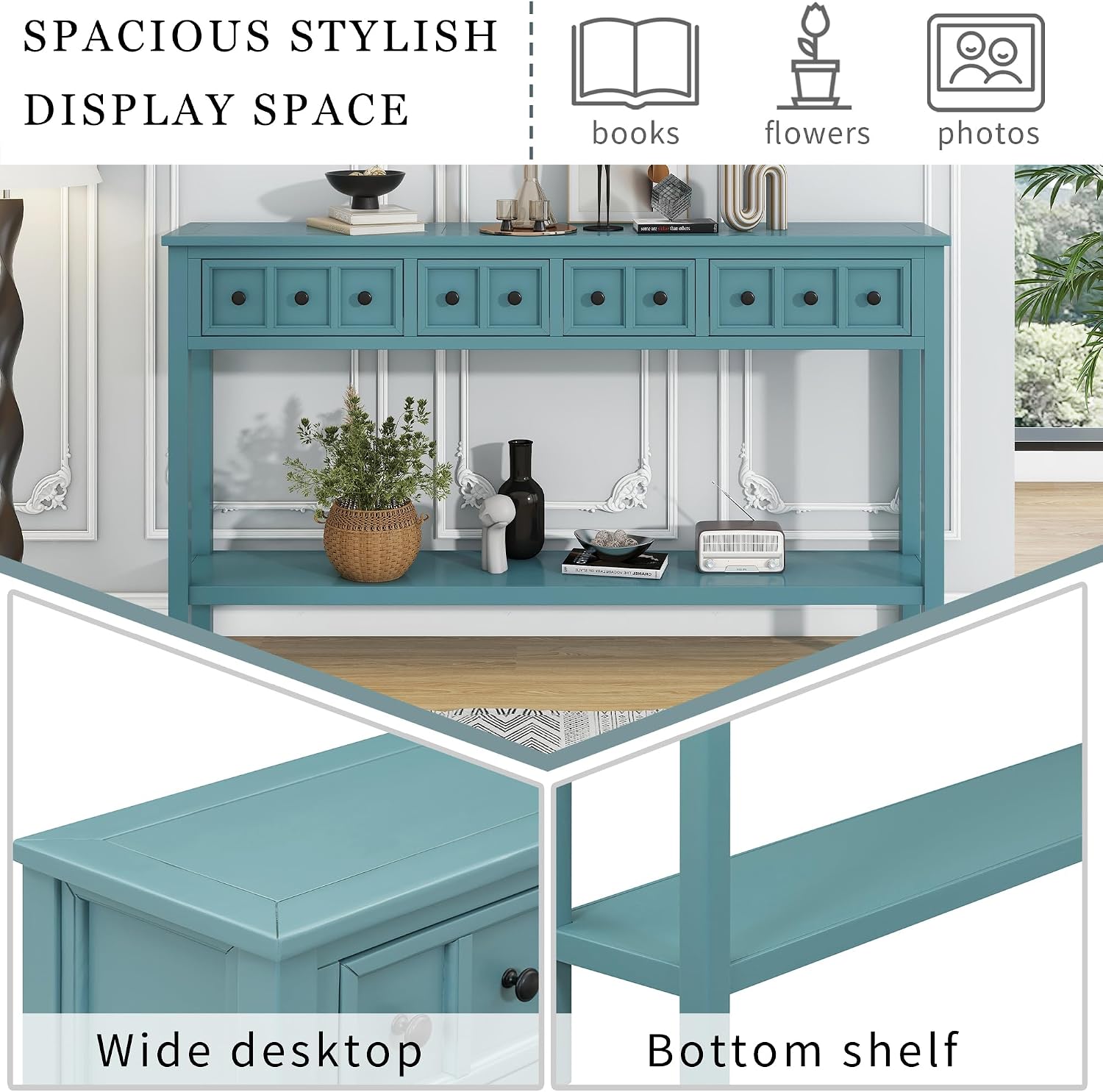 Merax Farmhouse Entryway Console Table with Storage Drawers, Long Sofa Table Behind Couch with 4 Drawers and Open Shelf, Hallway Tables for Living Room, Turquoise Green