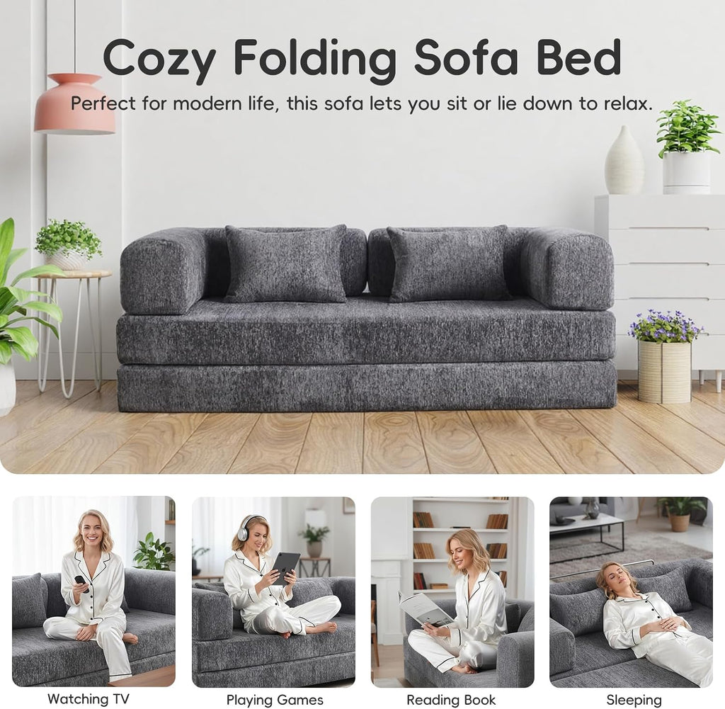 5-in-1 Convertible Folding Sofa Bed, 79' Queen Chenille Boneless Couch with Removable Armrests, No Assembly Loveseat Sleeper Sofa, Modular Futon Couch for Living Room & Bedroom, Dark Grey