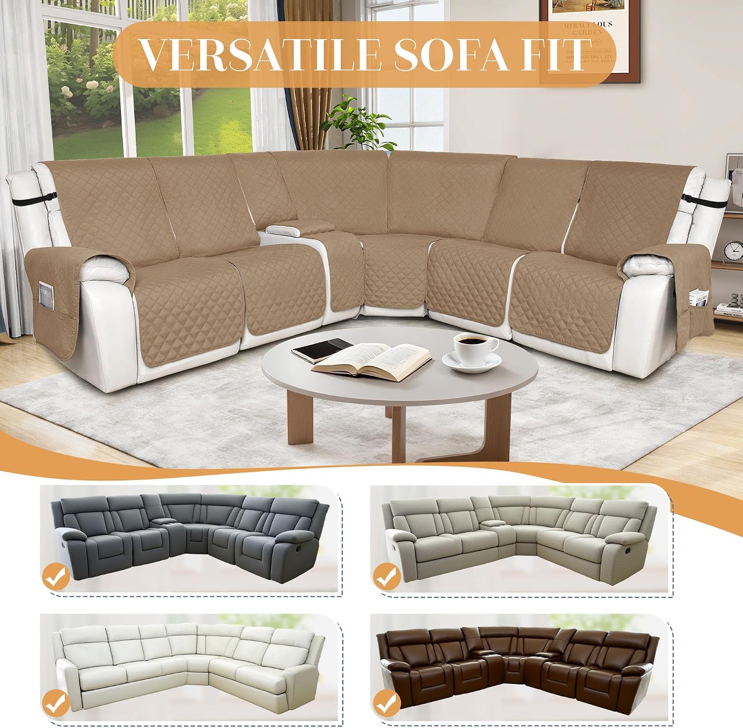 HDCAXKJ 100% Waterproof Reclining Sectional Couch Covers L Shape Recliner Sofa Cover Washable Quilted Soft Pet Dog Corner Recliner Slipcovers with Pockets (5 Seat and 1 Middle Console, Deep Camel)