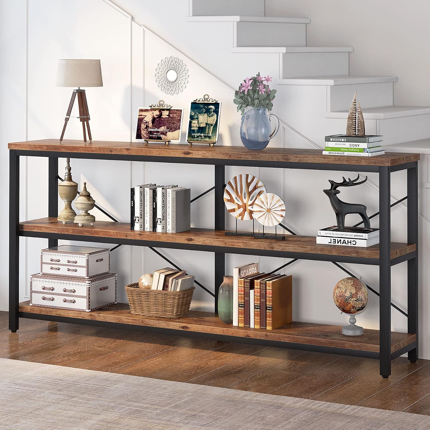 Tribesigns 71' Sofa Tables Extra Long Couch Table, Narrow Long Console Table, Entryway Table,Sofa Table with 3 Tiers Storage Shelves (Rustic Brown)