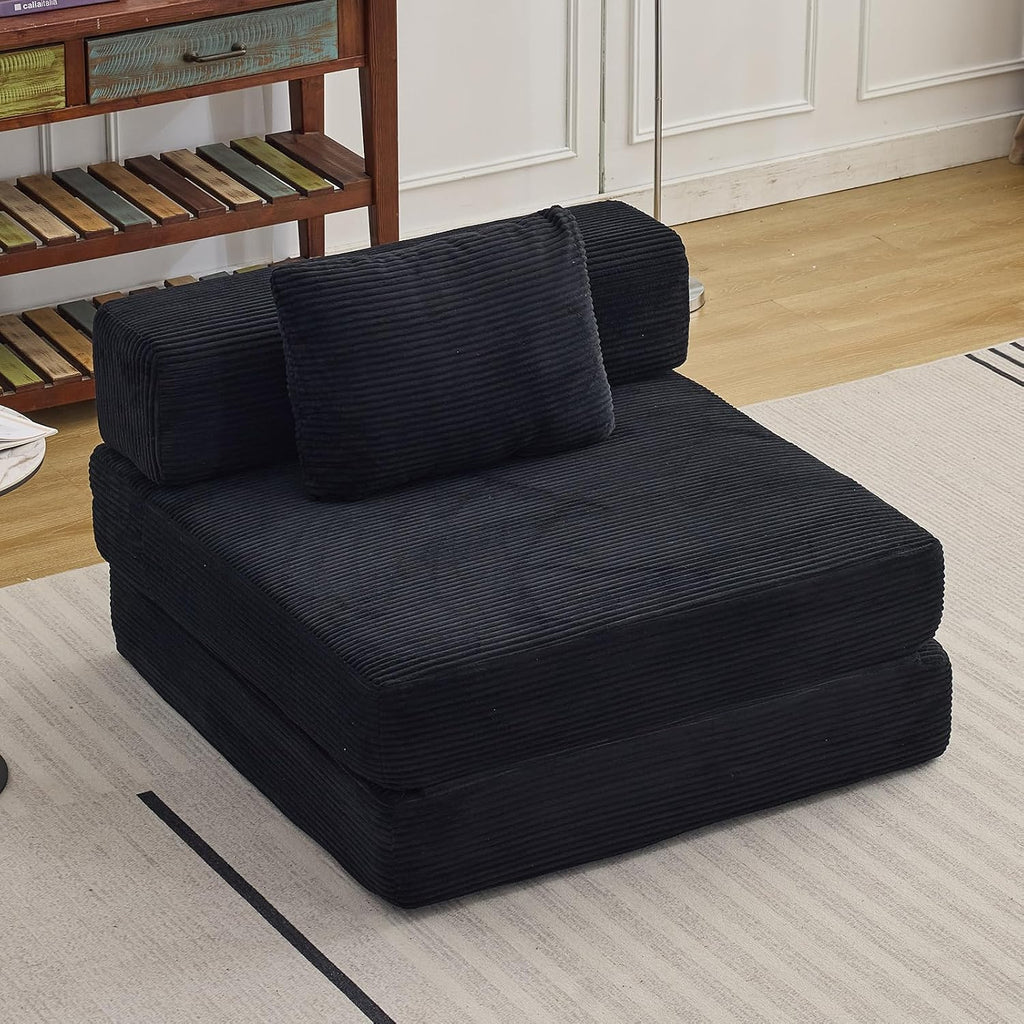 Folding Sofa Bed, Convertible Sleeper Chair with Pillow, Single Sofa with Back Support, Portable Fold Out Chair Cloud Couch Bed, Comfy Floor Sofa Lounge for Living Room Bedroom, Black