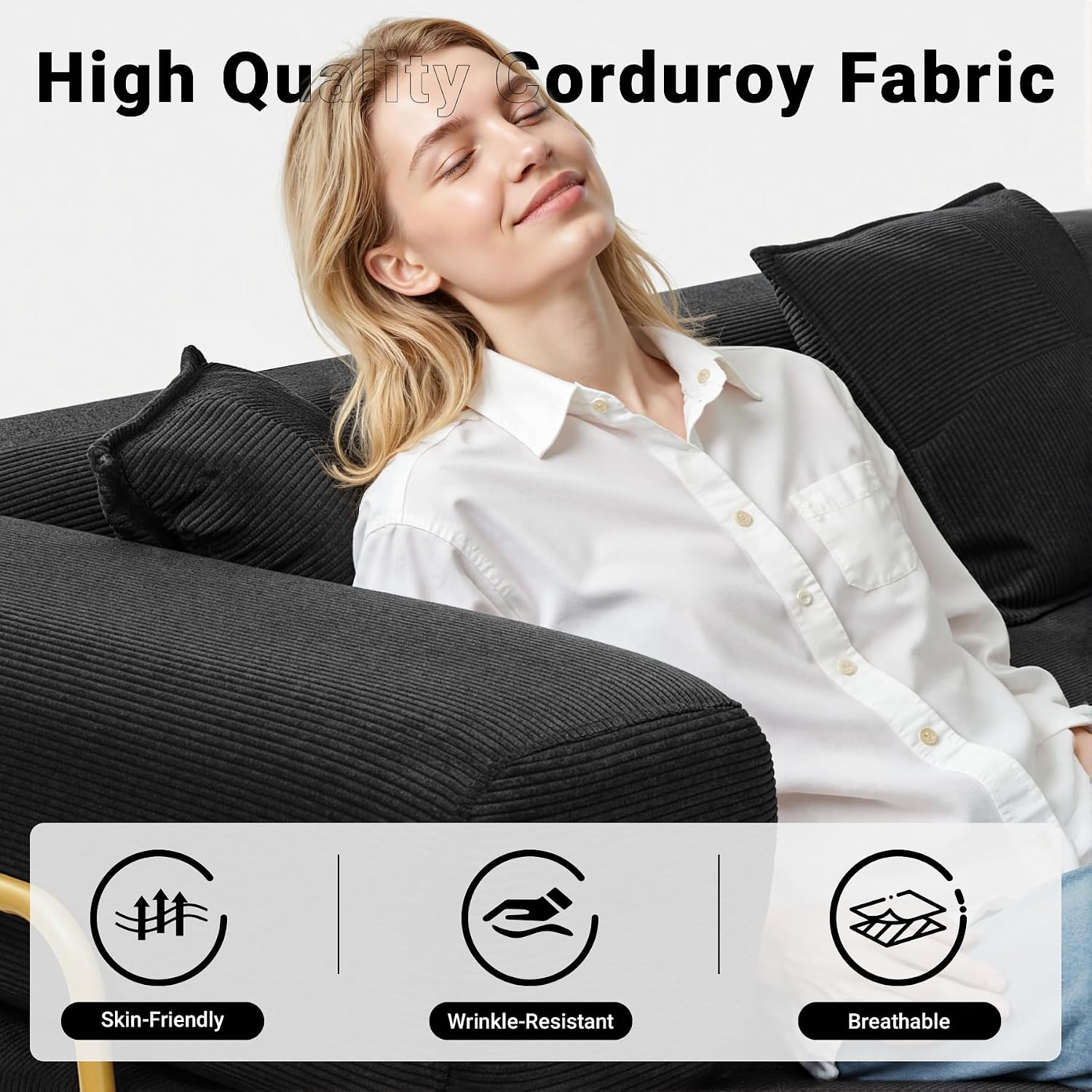 ivoros 108' Oversized Convertible Sleeper Sofa Bed, Corduroy L Shape Sectional Couch, Folding Sofa Bed with Fixed-Shape Frame, Modern Cloud Floor Mattress Couch, Modular Sofa for Living Room, Black