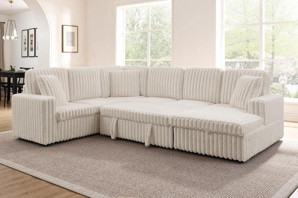 THSUPER 114-Inch Oversized U Shaped Plush Corduroy Fluffy Sectional Sleeper Sofa with Pull Out Bed and Storage Chaise Lounge - Beige