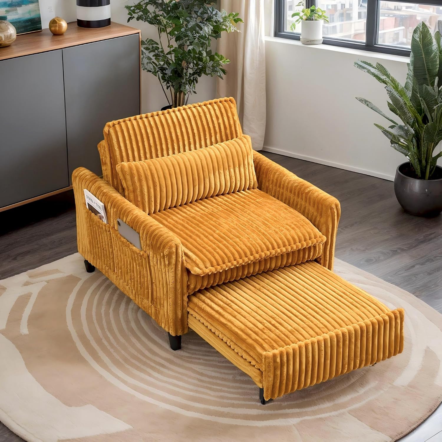 Majnesvon Modern Corduroy Fabric Sofa Bed Futon, 3 in 1 Convertible Pullout Bed Sleeper Couches with 3 Reclining Backrests, Small Sofa Chair Bed for Living Room Bedroom (Yellow)