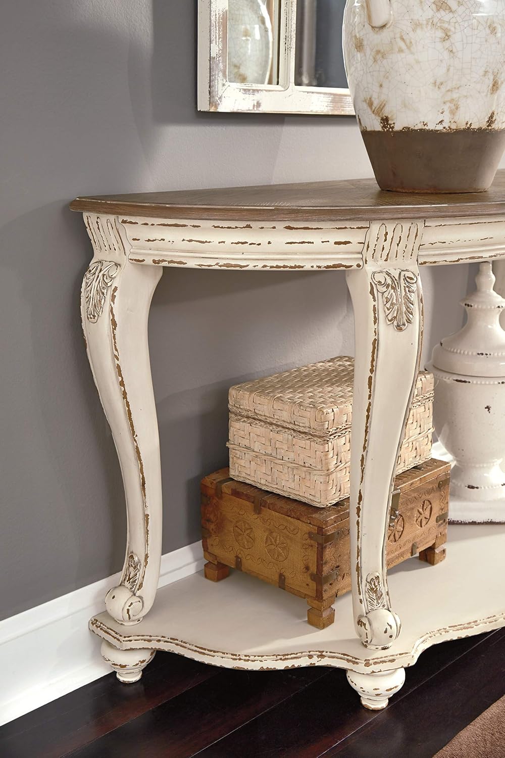 Signature Design by Ashley Realyn French Country Semi-Circle Console Table, White & Brown