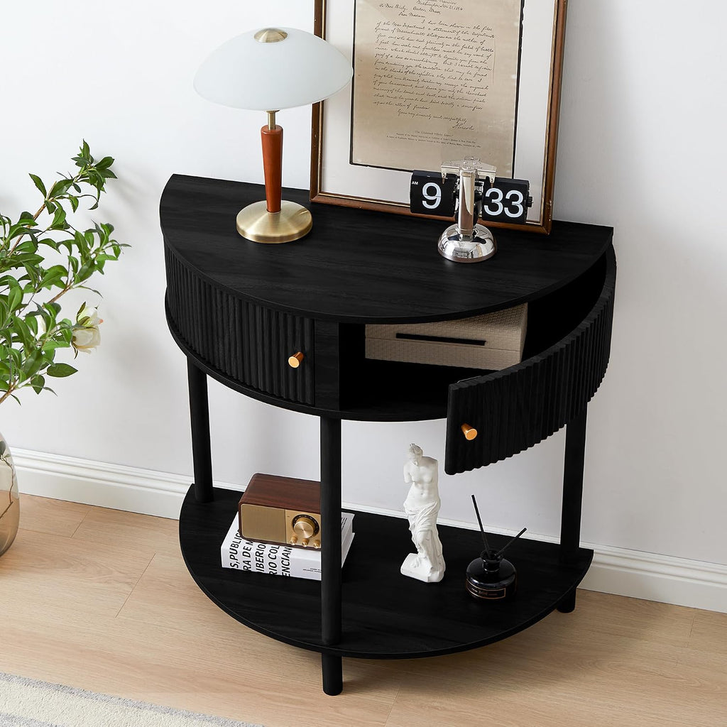 XUZENEST Fluted Half Moon Console Table, Modern Small Entry Table Sofa Table with Storage, Solid Wood Legs Narrow Entryway Table for Living Room, Hallway, Foyer(Black)