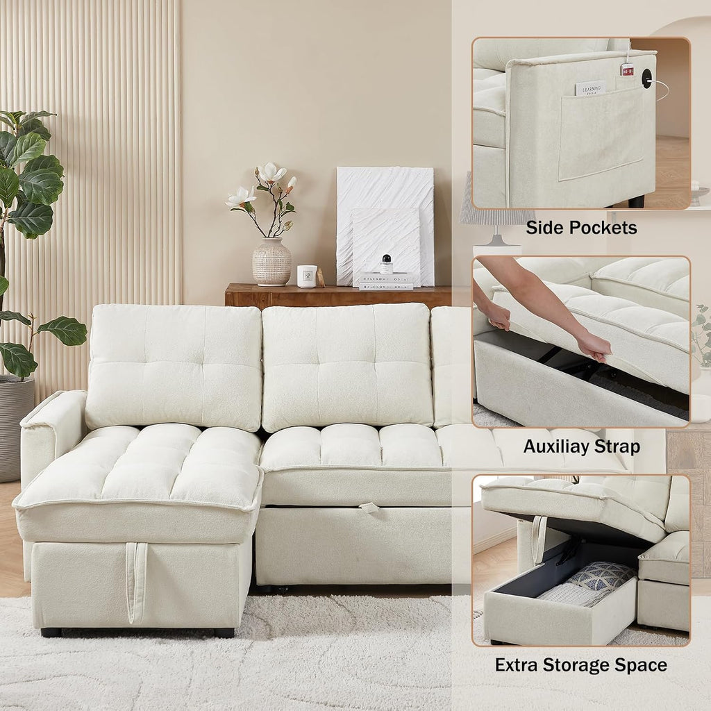 78.75' Sleeper Sofa Couch,Modern L-Shaped Couches, Pull Out Couch with USB Ports&Side Pocket,Sleeper Sectional Sofa for Living Room Apartment,Chenille(Beige)