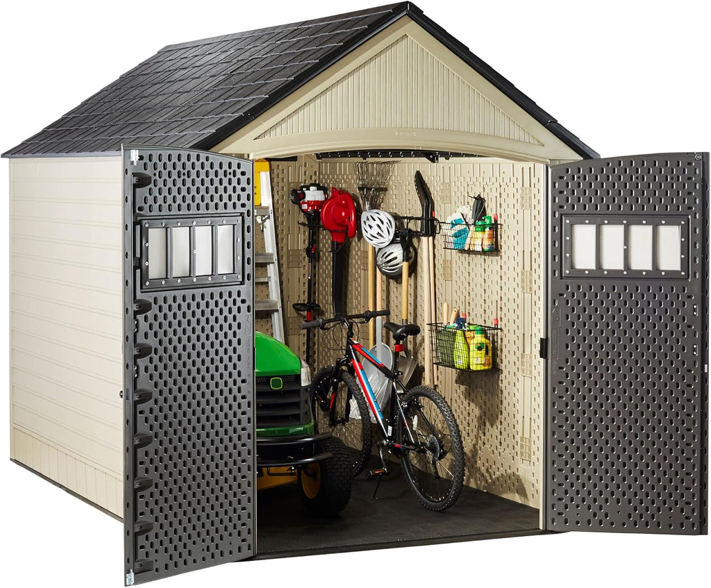 Rubbermaid Resin Outdoor Storage Shed With Floor (7 x 10.5 Ft) Weather Resistant, Brown Gable, Organization for Home/Backyard/Garden Tools/Lawn Mower/Bike Storage/Pool Supplies