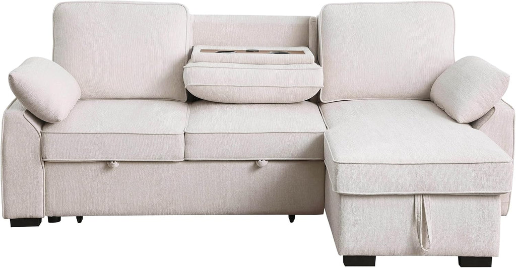 ERYE L-Shaped Pull Out Sleeper Couch Bed, Modern Chenille Upholstered Button Tufted Corner Couch Reversible Sectional Sleeper Sofa Bed W/Storage Chaise, Cup Holders