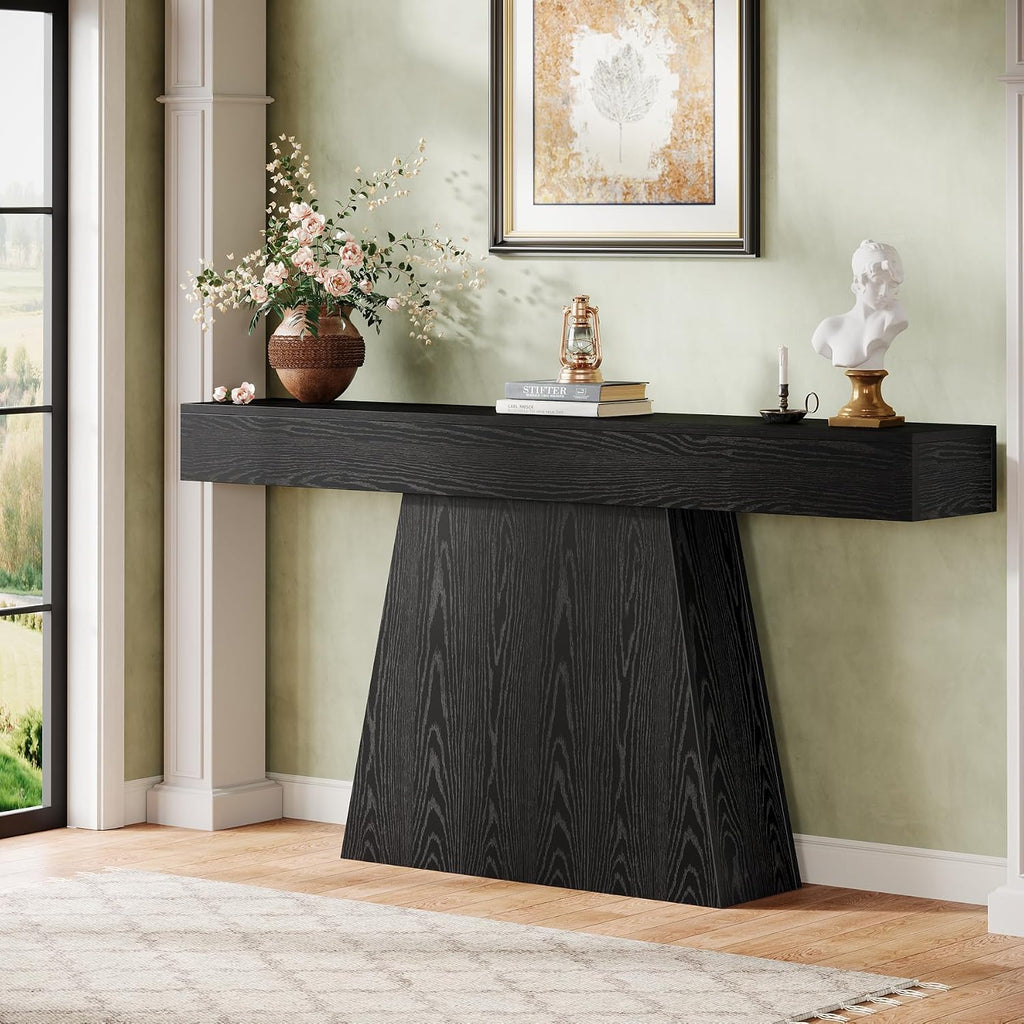 Tribesigns 63' Black Console Table, Farmhouse Entryway Table with Trapezoidal Base, Narrow Long Wood Sofa Table Behind Couch Table for Entrance, Hallway, Living Room, Black