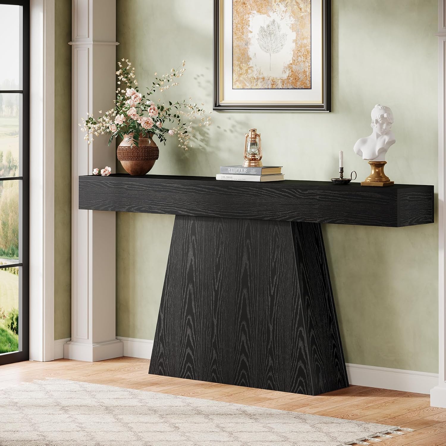 Tribesigns 63' Black Console Table, Farmhouse Entryway Table with Trapezoidal Base, Narrow Long Wood Sofa Table Behind Couch Table for Entrance, Hallway, Living Room, Black