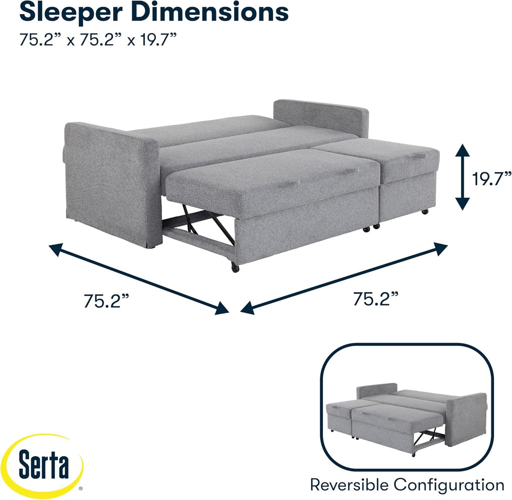 Serta® Marshall 83.9' King-Size Convertible Sectional Sofa, Reversible Design, Dream Coil® Comfort, Fingerguard® Pinch Point Protection, Woven Polyester Fabric, Light Gray