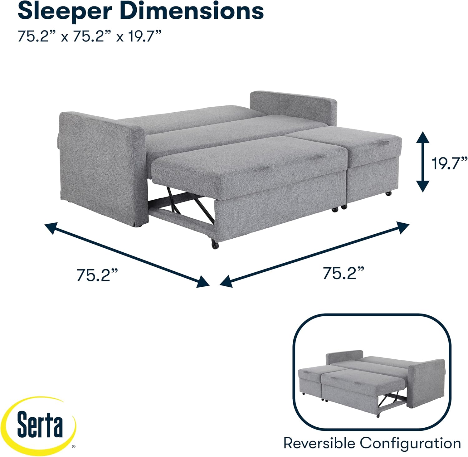 Serta® Marshall 83.9' King-Size Convertible Sectional Sofa, Reversible Design, Dream Coil® Comfort, Fingerguard® Pinch Point Protection, Woven Polyester Fabric, Light Gray