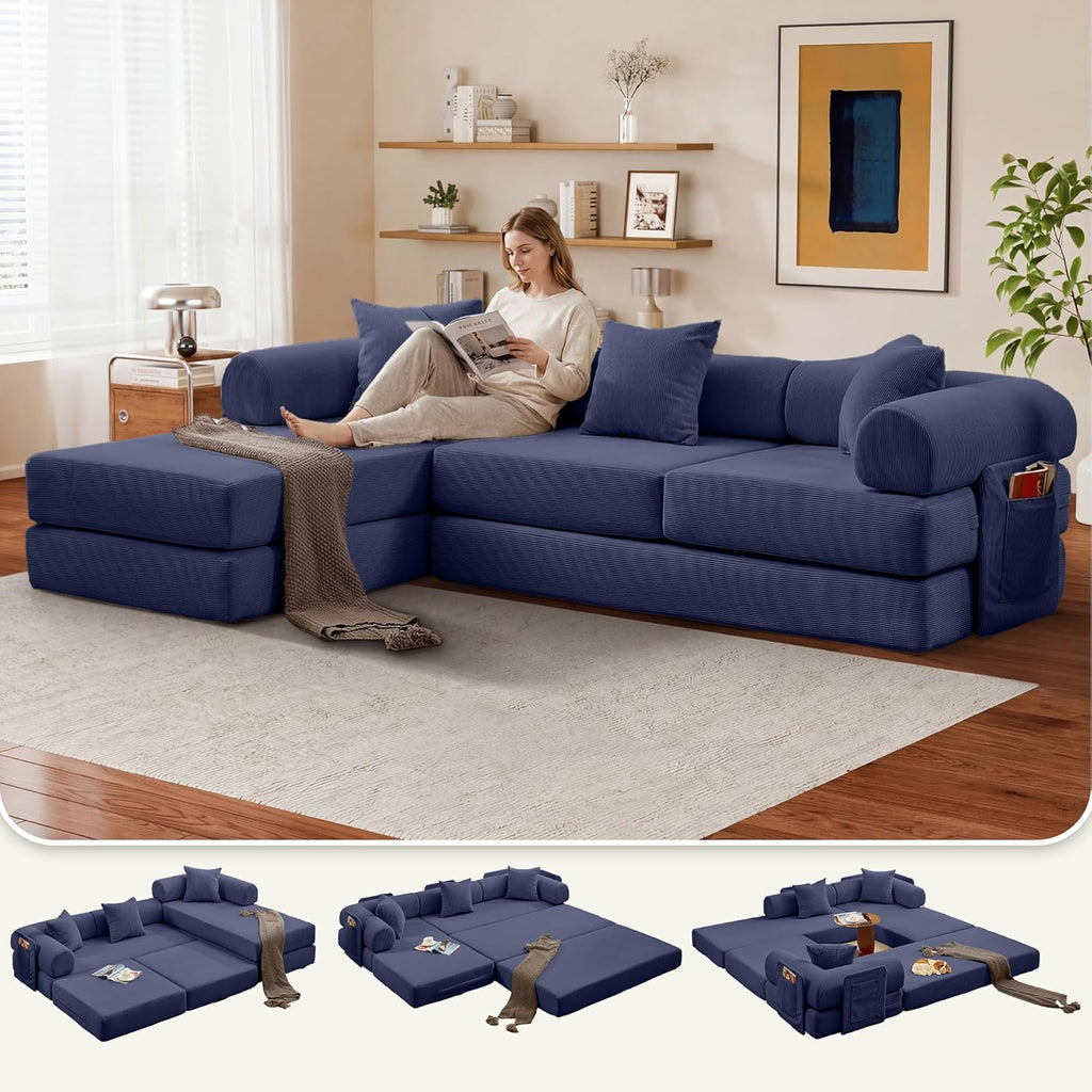 Modular L Shaped Sofa Bed with Cylindrical Pillow & Reversible Chaise, Corduroy Convertible Floor Boneless Sofa Couch Bed with Fixed-Shape Frame & Storage Pocket for Living Room, Blue