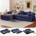 Modular L Shaped Sofa Bed with Cylindrical Pillow & Reversible Chaise, Corduroy Convertible Floor Boneless Sofa Couch Bed with Fixed-Shape Frame & Storage Pocket for Living Room, Blue