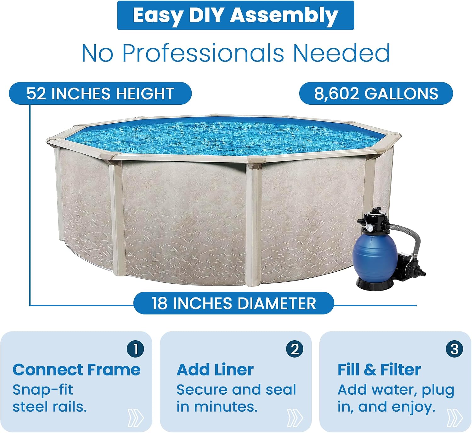 Aquarian Above Ground Pool Kit w/ Sand Filter & Pump, Phoenix Steel-Frame, 18', Gray - Large Heavy-Duty Outdoor Family Swimming Pool for Backyard, Patio, and Yard