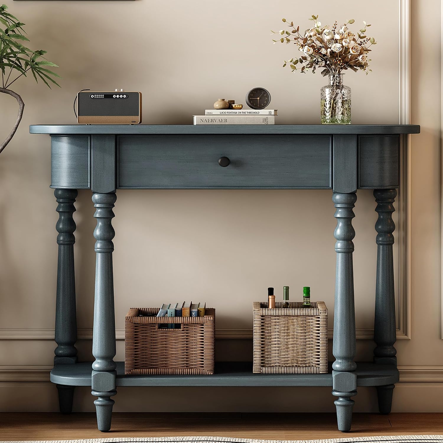 Small Curved Console Table 36-Inch Retro Farmhouse Entryway Sofa Table with Drawer & Storage Shelf for Entry Hallway Foyer Living Room Furniture, Solid Wood Legs, Space-Saving, Navy