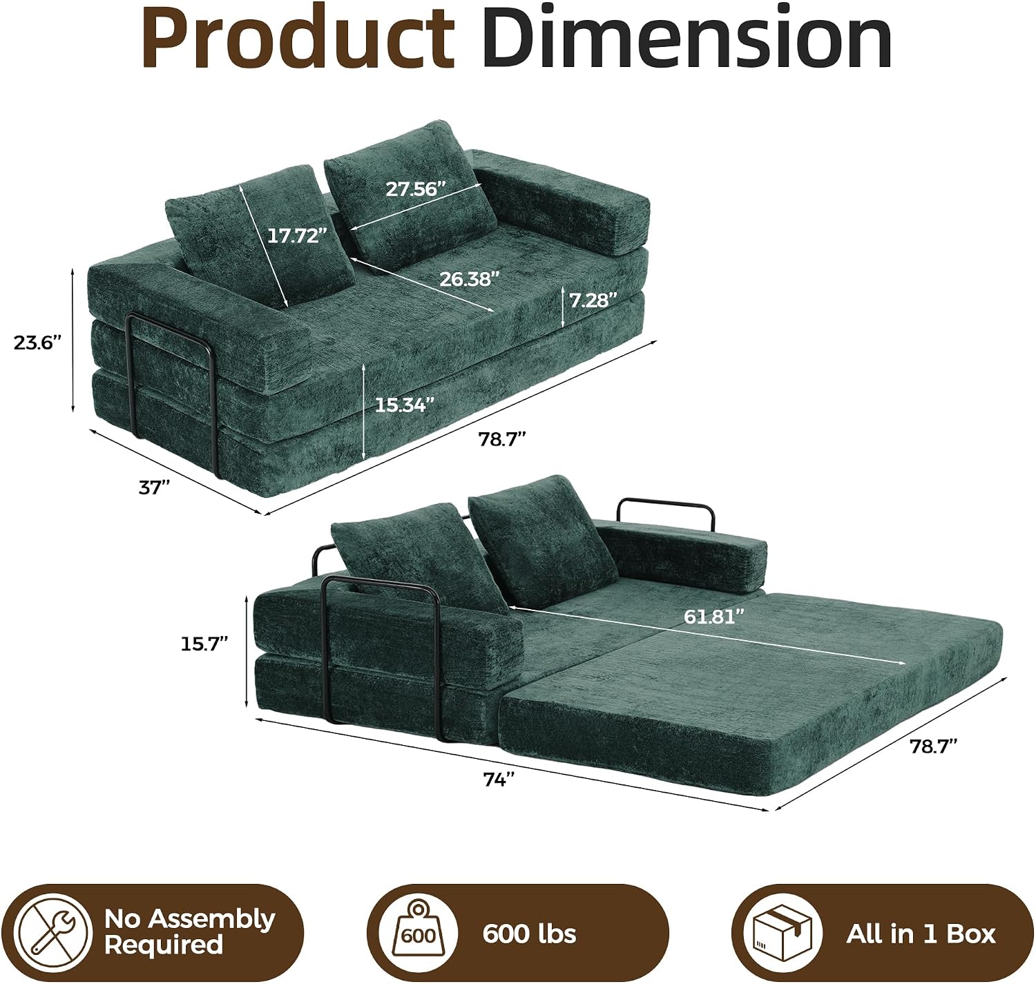 Convertible Sofa Bed, 4-in-1 DIY Combination Modular Couch with Pillows, Comfy Boneless Sleeper Sofa Bed with Fixed-Shape Frame, Chenille Convertible Lounge Couch for Living Room, Green