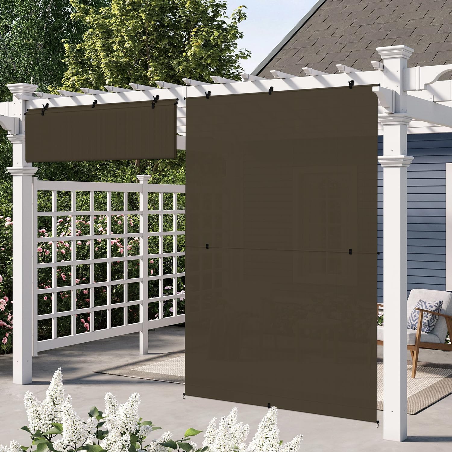 E&K Sunrise 4'W x 7.5'H Outdoor Roller Shades Patio Cordless Roll Up Blinds Foldable Sun Shade UV Block Exterior Sun Screen for Outside Porch Backyard Deck Pergola (Brown)