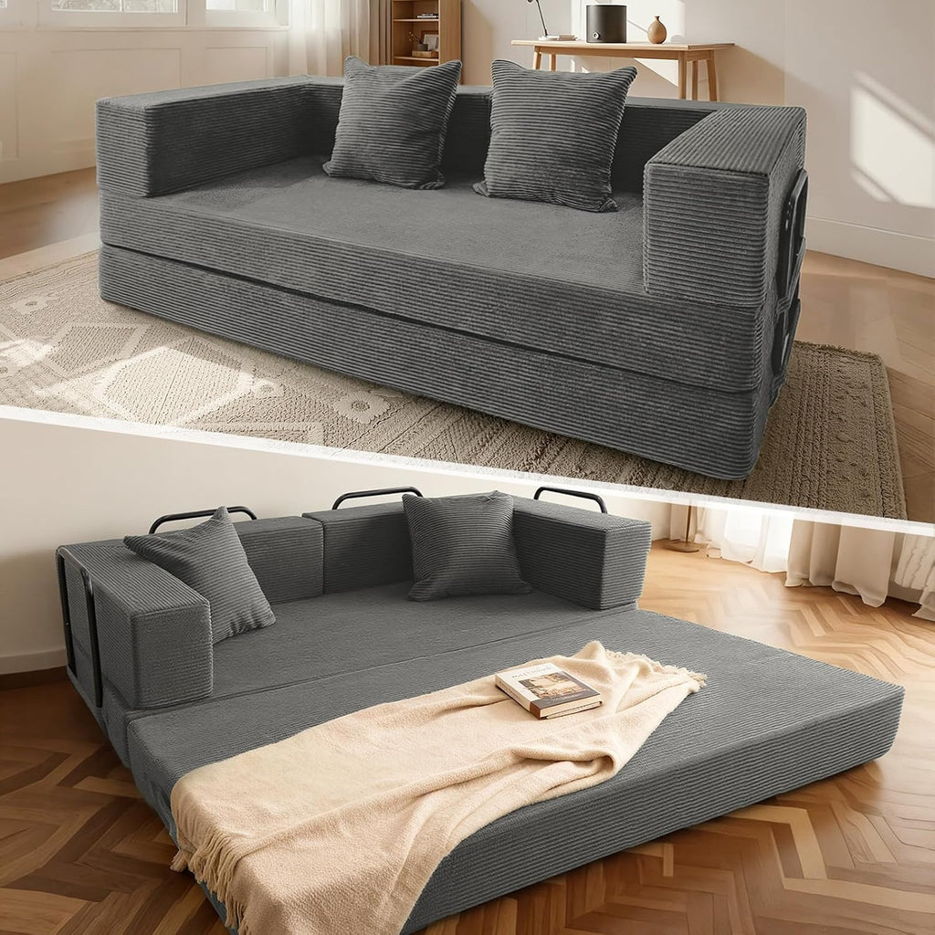 5‑in‑1 Futon Sofa Bed Queen – Floor Foldable Convertible Sofa Couch with L‑Shaped Armrests, Removable Cover, Grey Convertible Guest Bed | Space‑Saving Fold‑Out Mattress Lounge for Living Room/Bedroom