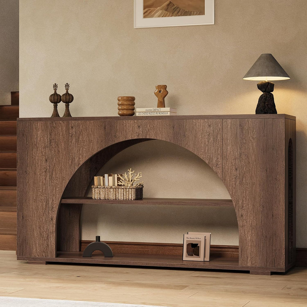 55' Arched Console Table with 3-Tier Storage, Farmhouse Wooden Sofa Table Behind Couch, Narrow Long Entryway Table for Entrance, Hallway, Living Room, Brown Oak