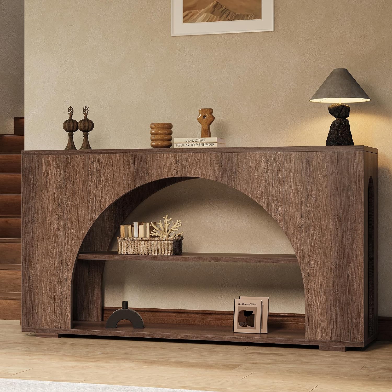 55' Arched Console Table with 3-Tier Storage, Farmhouse Wooden Sofa Table Behind Couch, Narrow Long Entryway Table for Entrance, Hallway, Living Room, Brown Oak