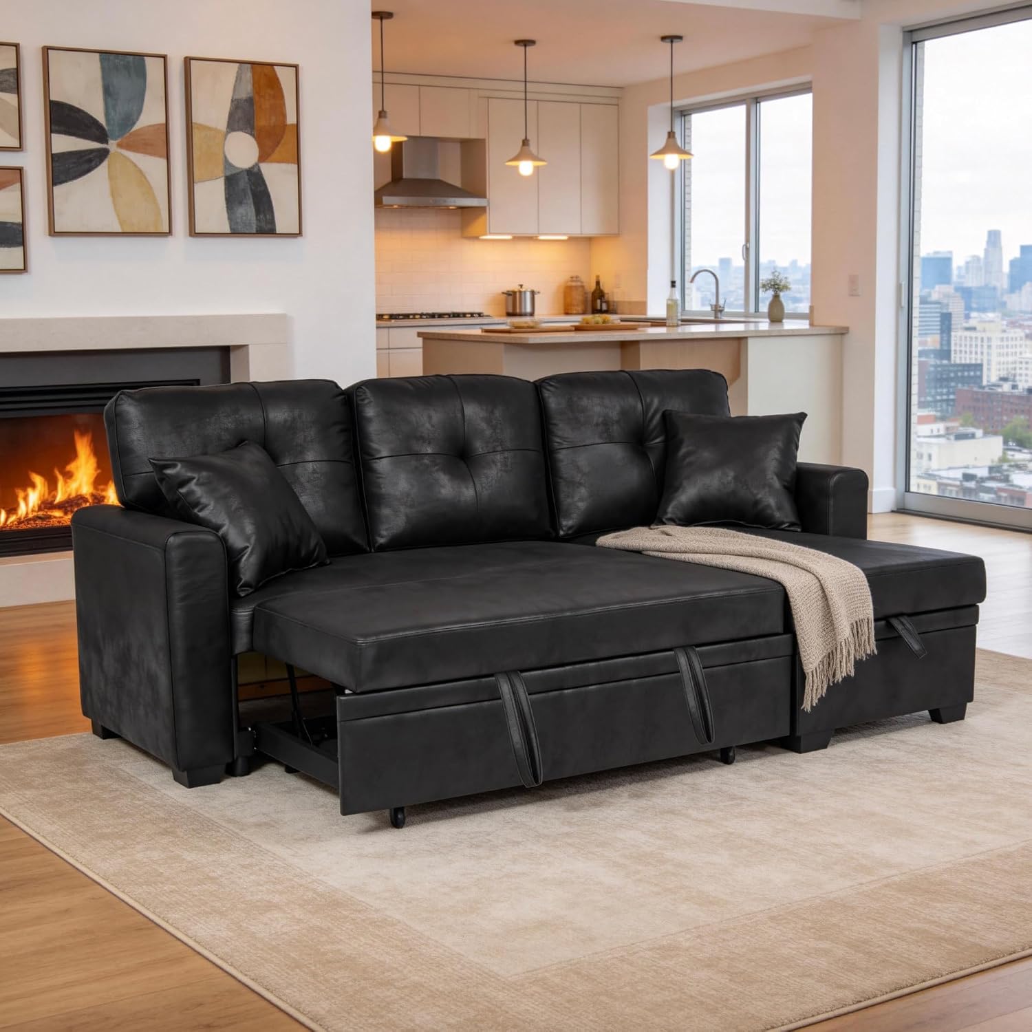 71' L-Shaped Couch with Pull Out Bed, Modern Sofa Bed Couch with Storage, Foil Fabric Convertible Sleeper Sofa, Multi-Functional Sectional Couches for Living Room, Apartment, Black