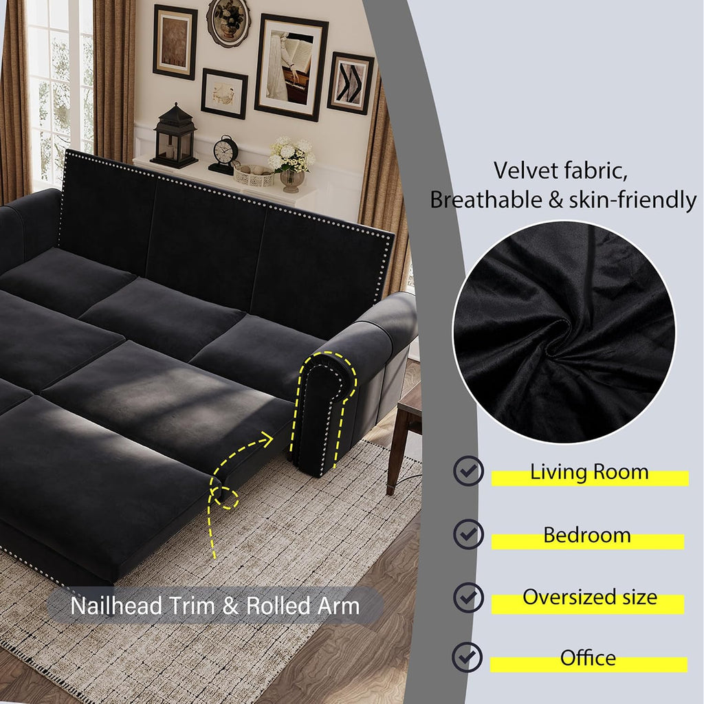 3 in 1 Convertible Sleeper Sofa Bed, 93.7' King Size Sofa Sleeper with Pull Out Bed, Velvet Folding Loveseat Sofa 3-Seater with Deep Seat, Nailhead Trim & Rolled Arm for Living Room