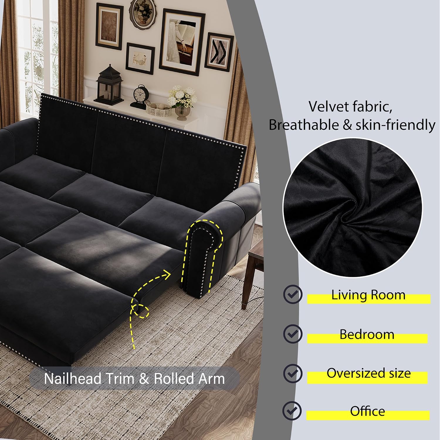 3 in 1 Convertible Sleeper Sofa Bed, 93.7' King Size Sofa Sleeper with Pull Out Bed, Velvet Folding Loveseat Sofa 3-Seater with Deep Seat, Nailhead Trim & Rolled Arm for Living Room