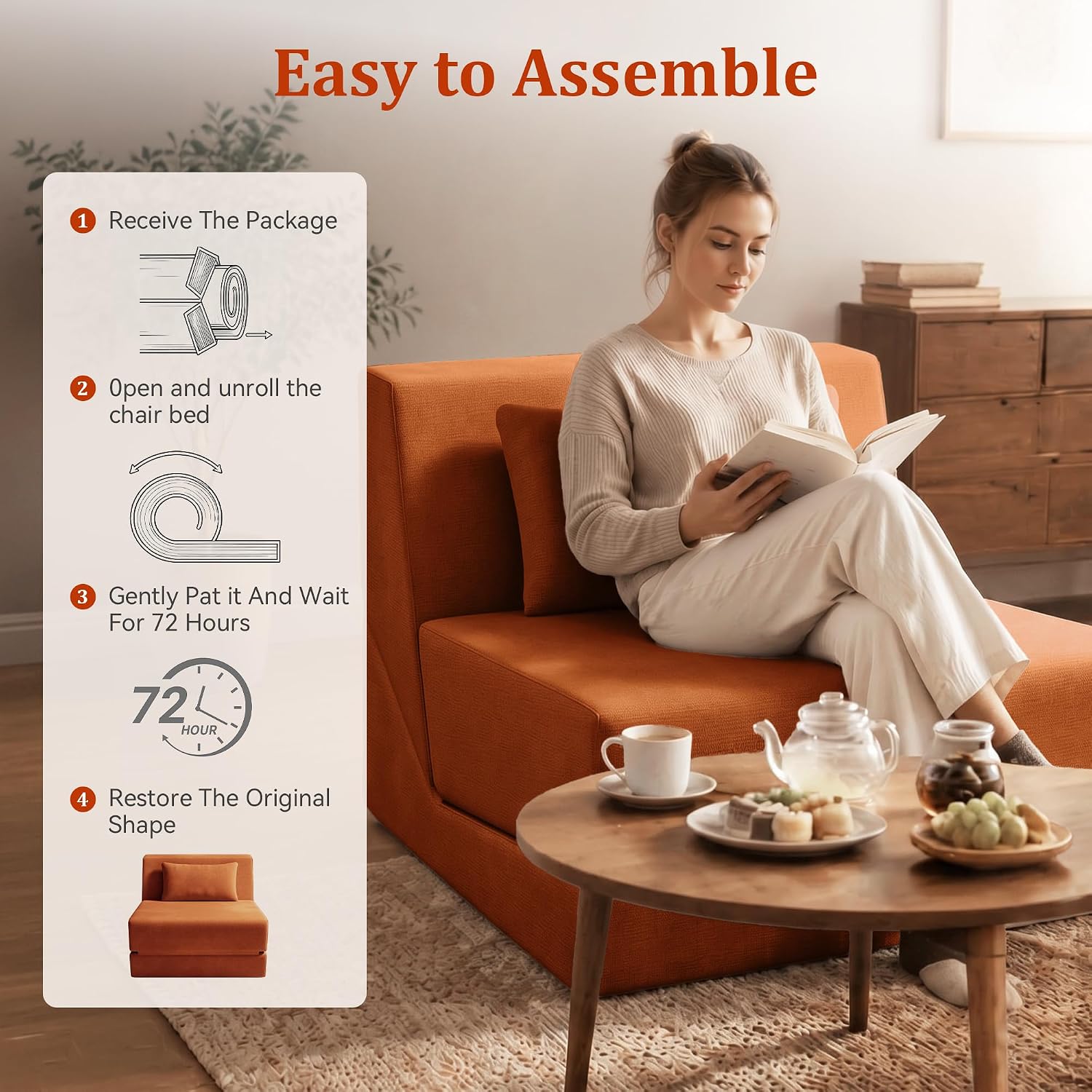 Fold Out Chair Bed, Folding Sofa Bed with High-Density Support Foam, Portable 3 in 1 Convertible Chair Bed Sleeper for Adults, Versatile Floor Couch for Living Room Bedroom, Brown | Washable Cover, With pillow, Foldable Bed Chair
