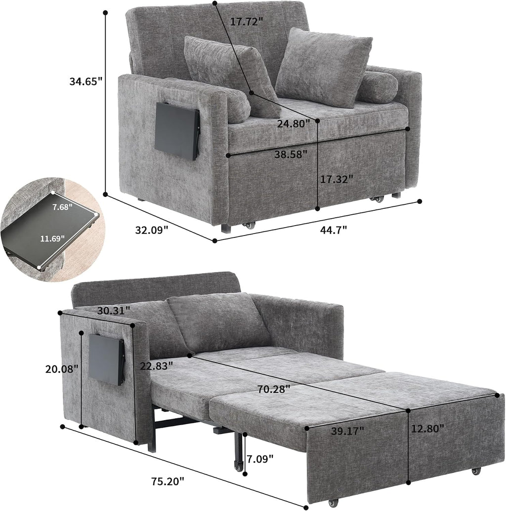 45' Oversize 3-in-1 Sleeper Chair, 75' Long Pull-Out Sleeper Sofa Bed with Wing Table and Side Pocket for Living Room, Bedroom, Small Space, Gray