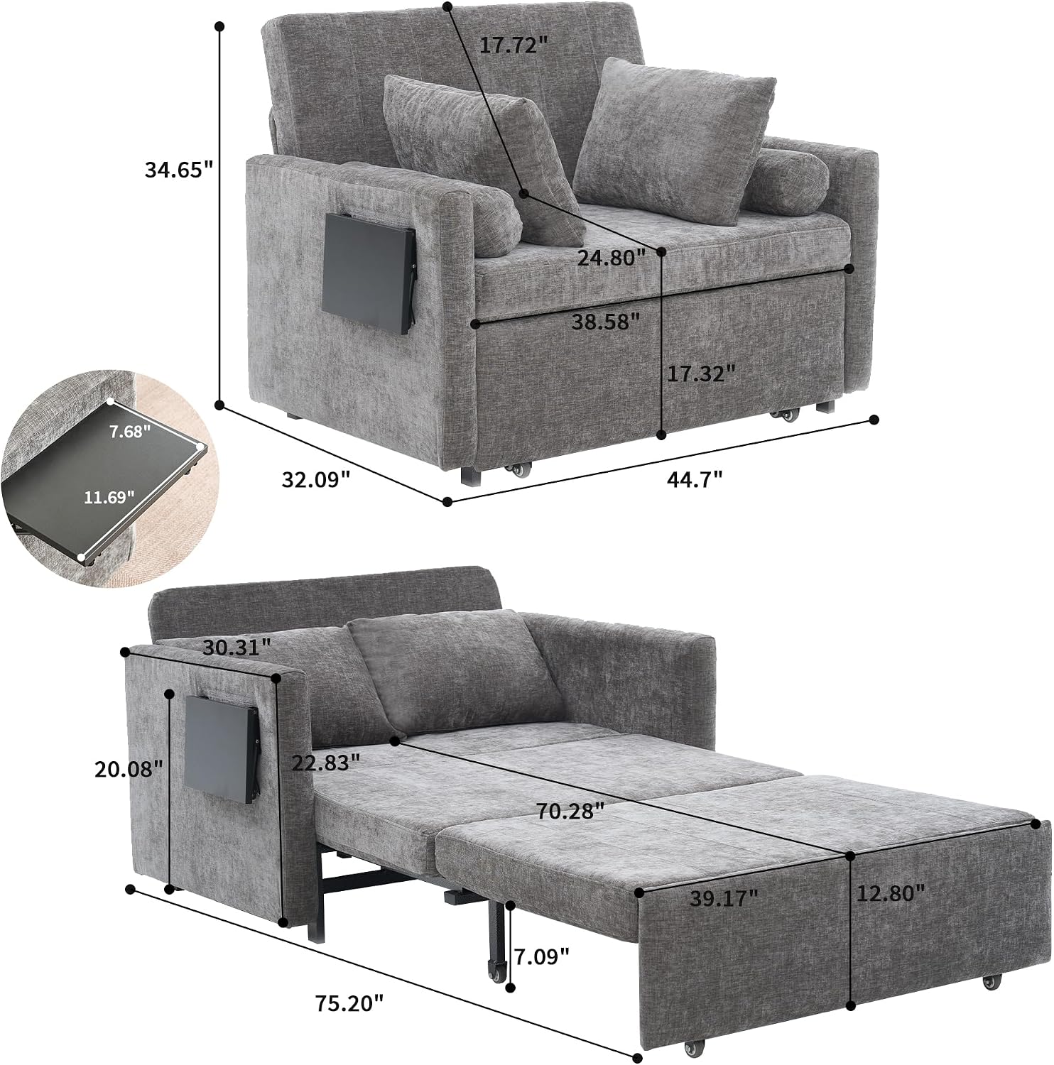 45' Oversize 3-in-1 Sleeper Chair, 75' Long Pull-Out Sleeper Sofa Bed with Wing Table and Side Pocket for Living Room, Bedroom, Small Space, Gray