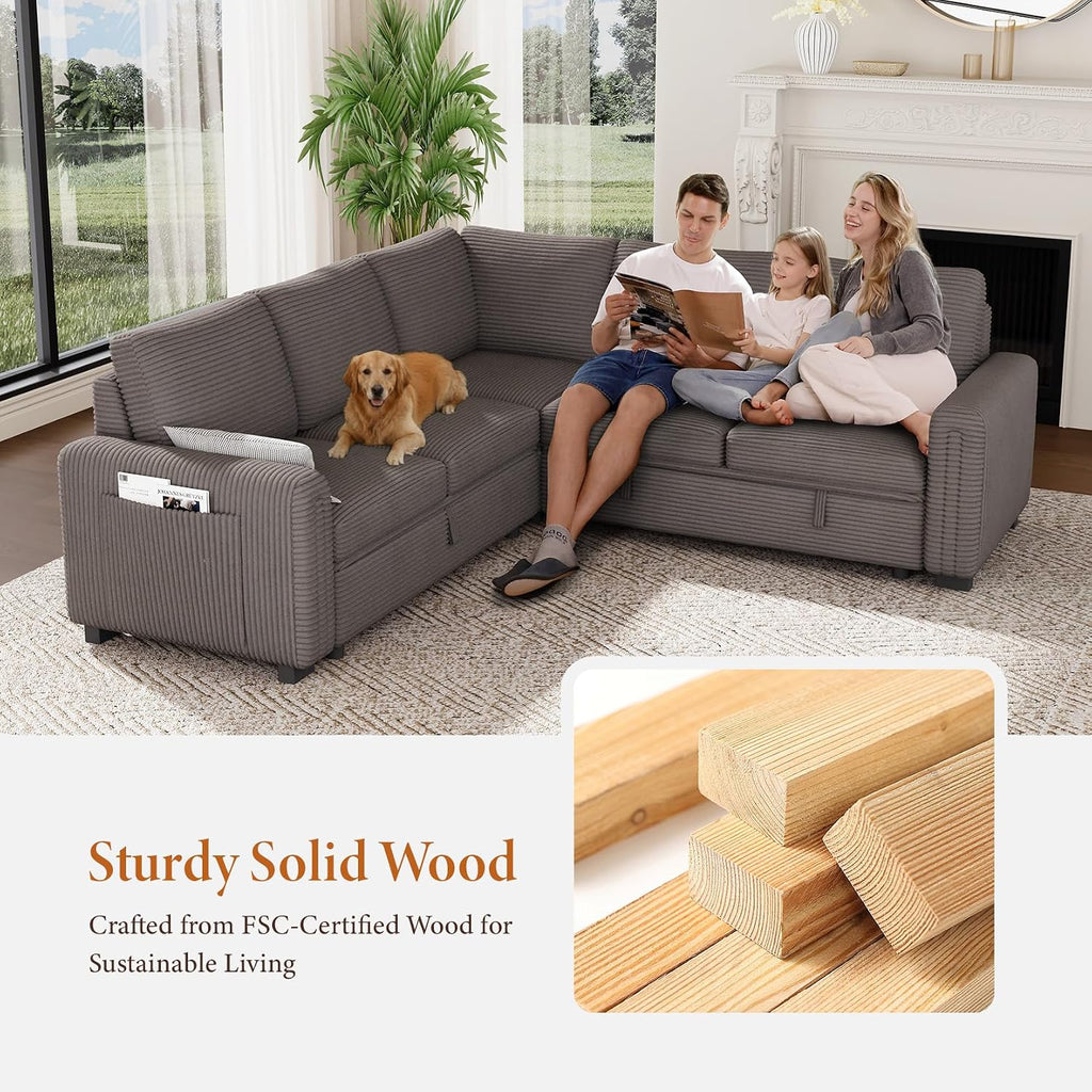 Vesgantti 88.4' Sleeper Sectional Couch with Pull Out Bed, 5 Seater L Shaped Modular Sectional Sofa with Storage, Comfy Corduroy Modular Sofa for Living Room, Bedroom, Apartment, Light Coffee