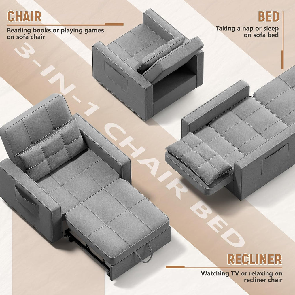 Flamaker Sofa Bed, Sleeper Sofa 3-in-1, Adjustable Couch Bed with Modern Linen Fabric, Convertible Sleeper Chair, Couches for Living Room, Apartment and Small Space (Bright Gray)