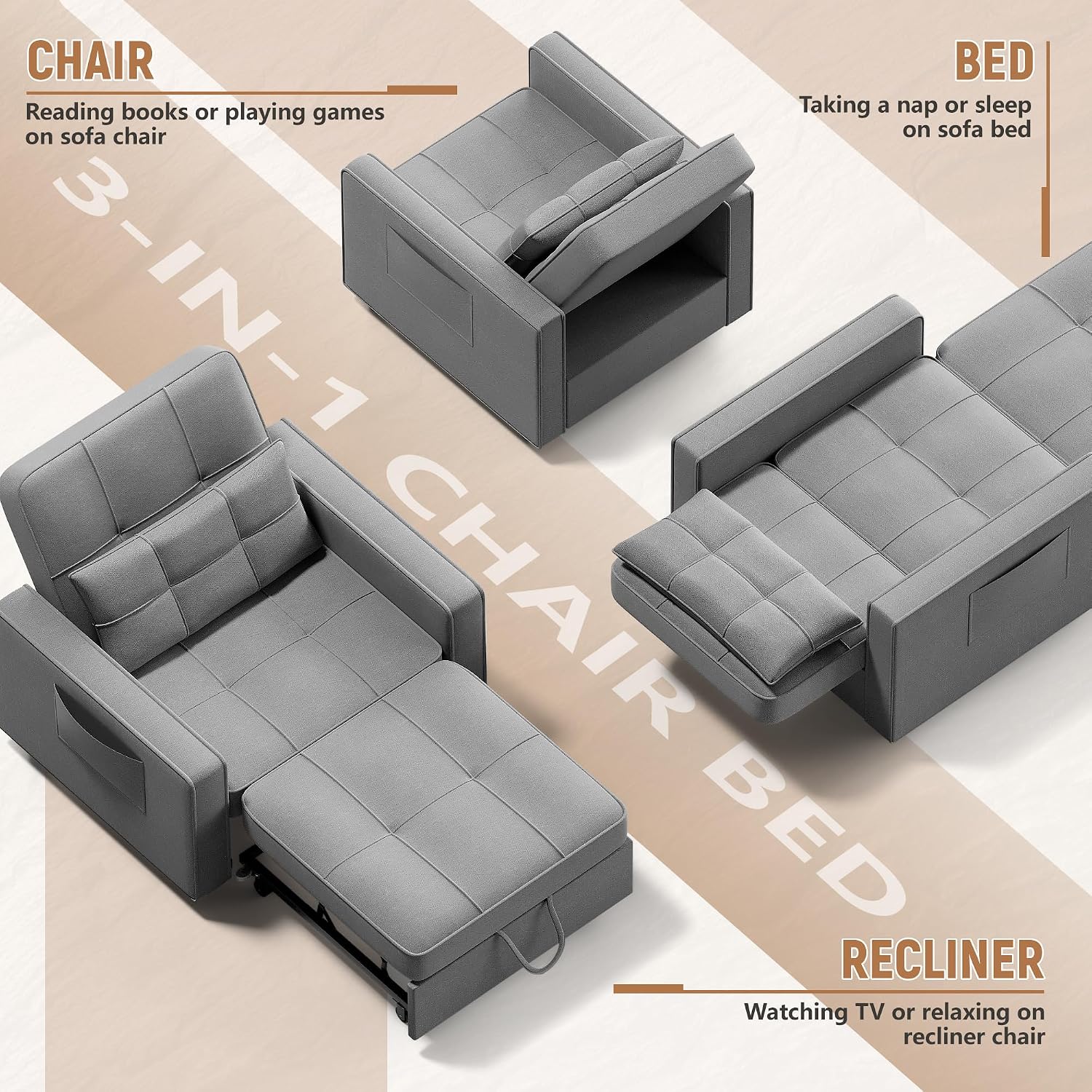 Flamaker Sofa Bed, Sleeper Sofa 3-in-1, Adjustable Couch Bed with Modern Linen Fabric, Convertible Sleeper Chair, Couches for Living Room, Apartment and Small Space (Bright Gray)