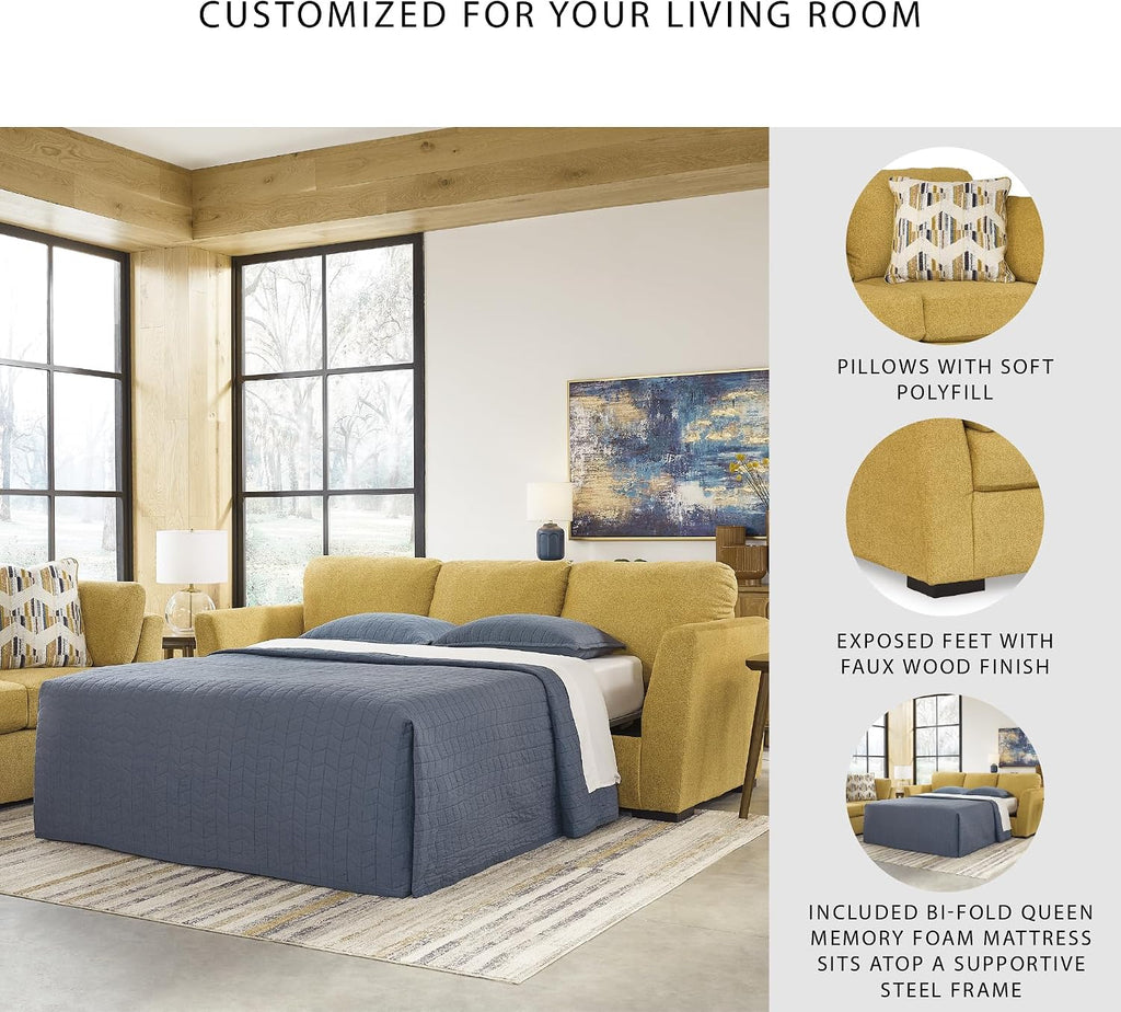 Signature Design by Ashley Keerwick Scandinavian 2-in-1 Sofa Sleeper with Folding Gel Memory Foam Mattress and 4 Pillows, Queen, Yellow