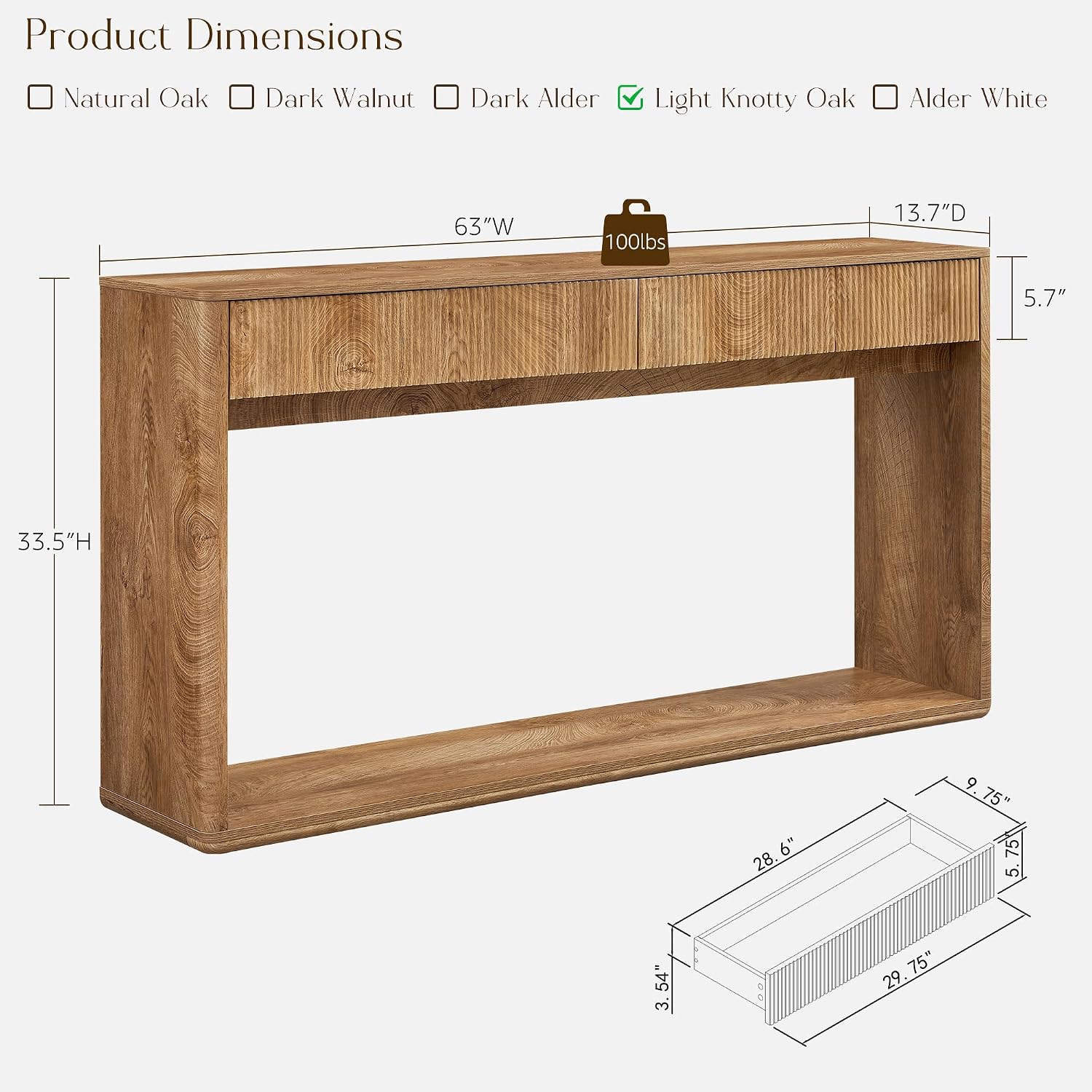 OKD 63' Fluted Console Table for Entryway, Modern Entryway Table with 2 Large Drawers, Long Sofa Table Behind Couch for Living Room, Hallway, Couch, Foyer，Light Knotty Oak