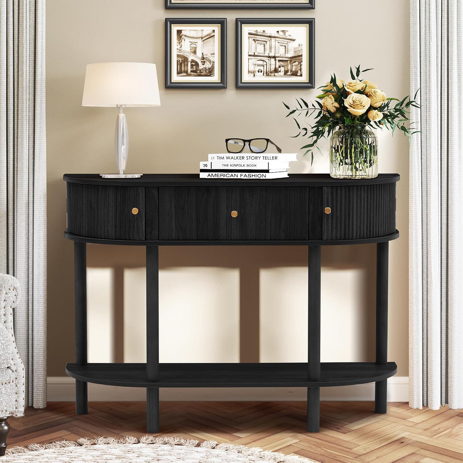 XUZENEST 43.3' Fluted Half Moon Console Table, Modern Entryway Console Sofa Table with Storage, Narrow Wood Accent Tables Behind Couch Tables for Living Room, Hallway, Foyer(Black)
