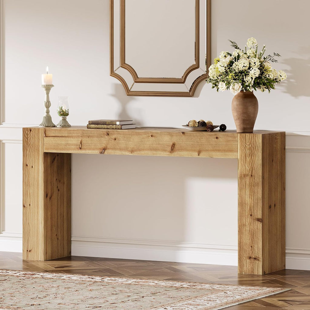 Solid Wood Console Table, 63-Inch Farmhouse Sofa Table Behind Couch for Entryway, Living Room, Foyer, Easy Assembly (Light Wood)