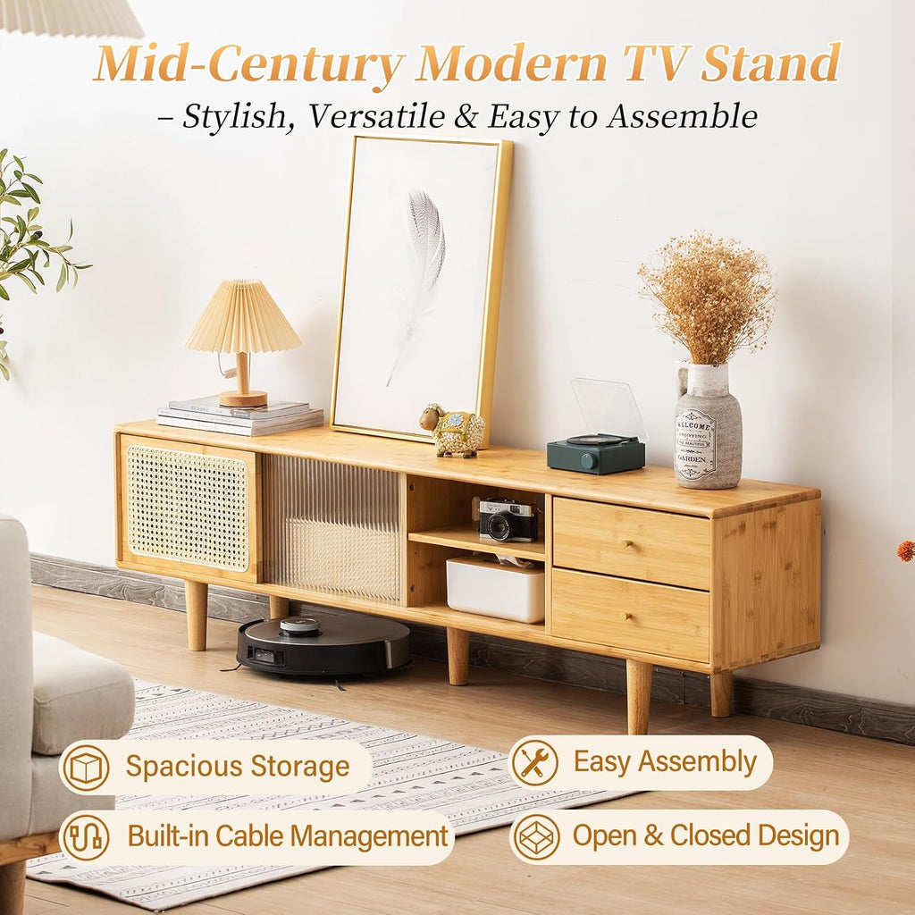 Tiita Rattan TV Stand for 55 60 Inch TV, Bamboo TV Cabinet with 2 Drawers, Boho Entertainment Center with Adjustable Shelf, Mid Century Modern Media Console for Bedroom, Living Room, Study