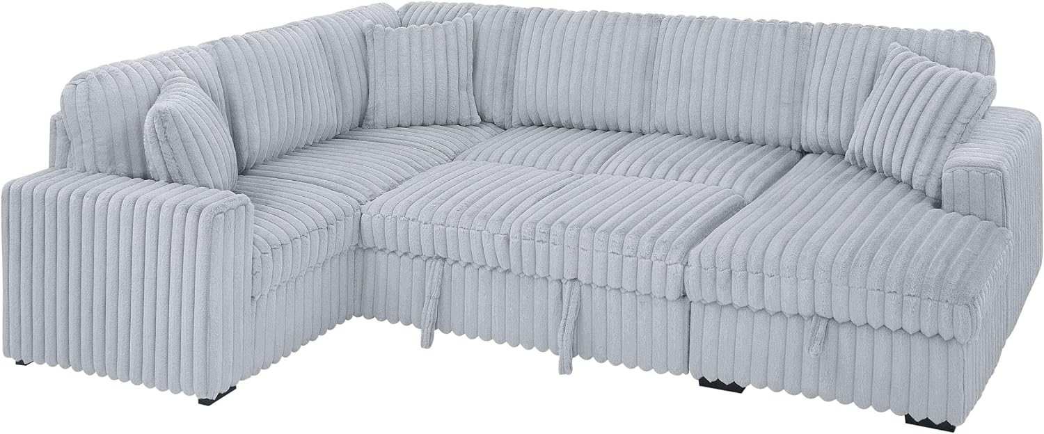 DEINPPA 122 Inch Sleeper Sofa Couch with Pullout Bed, Chunky Furry Corduroy Sectional Sofa with Storage Chaise and Charging Ports, Large Sectional Couches for Living Room-Grey