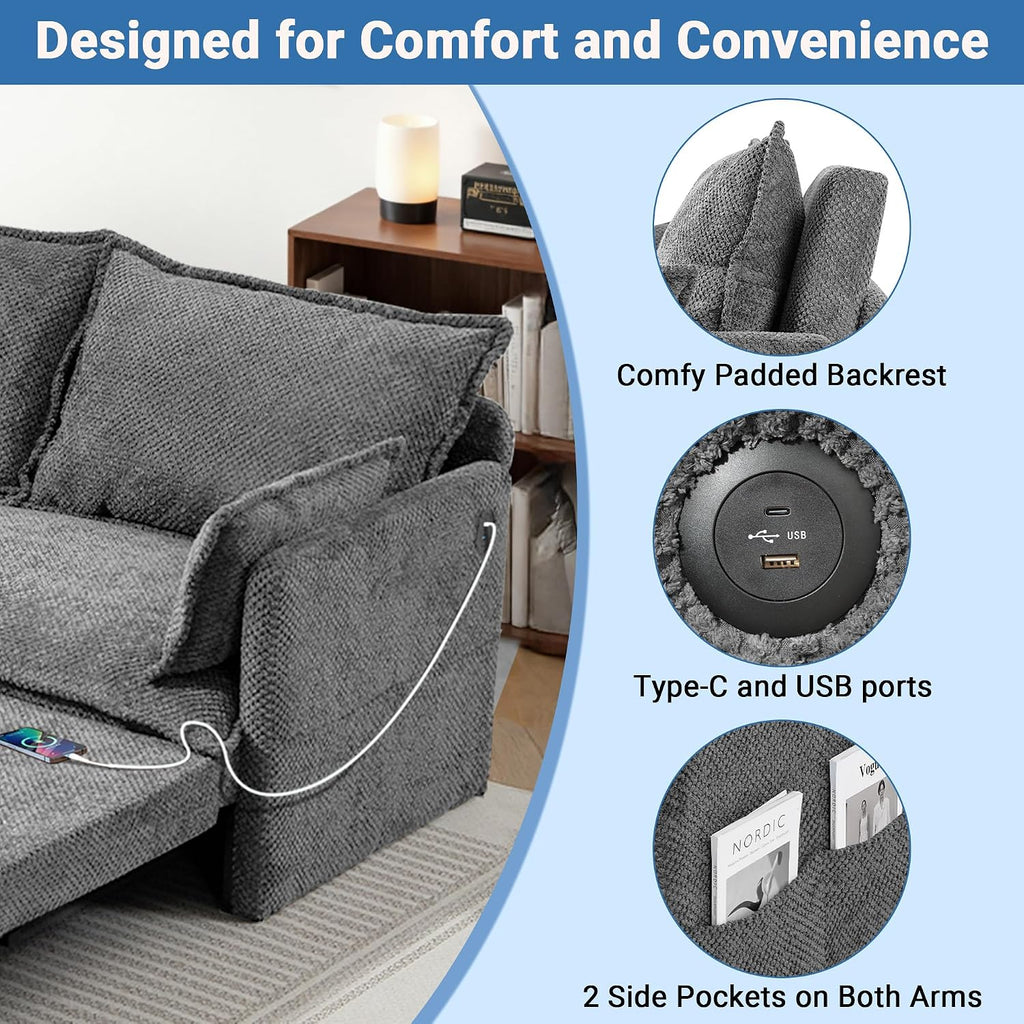60' Sleeper Sofa Bed, 2-in-1 Pull Out Couch with USB/Type-C Charging & Side Pockets, Convertible Corduroy Loveseat Chaise Lounge, Space-Saving Sofa for Living Room, Grey