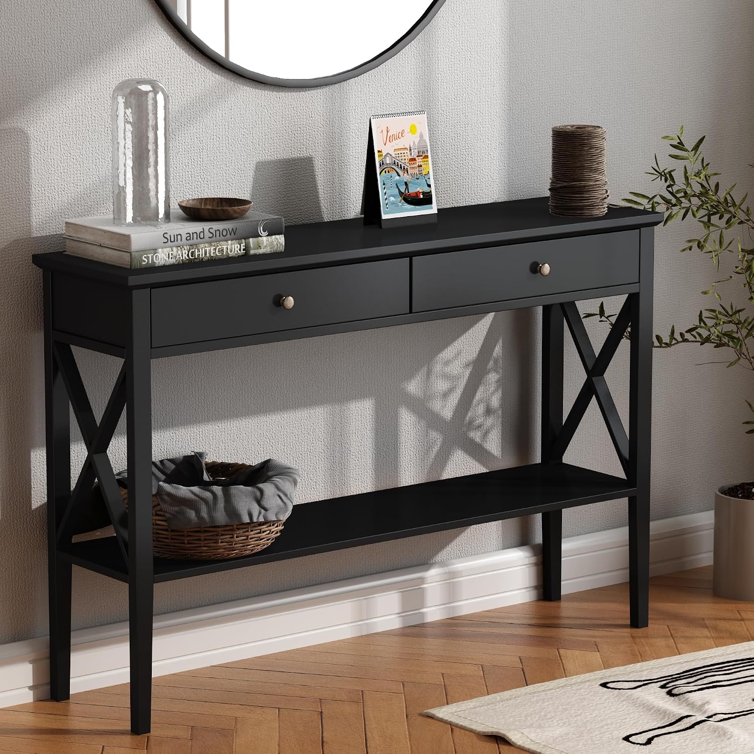 ChooChoo 47' Console Table with Drawers, Narrow Wood Accent Sofa Table Entryway Table with Storage Shelf for Entryway, Front Hall, Hallway, Living Room, Black