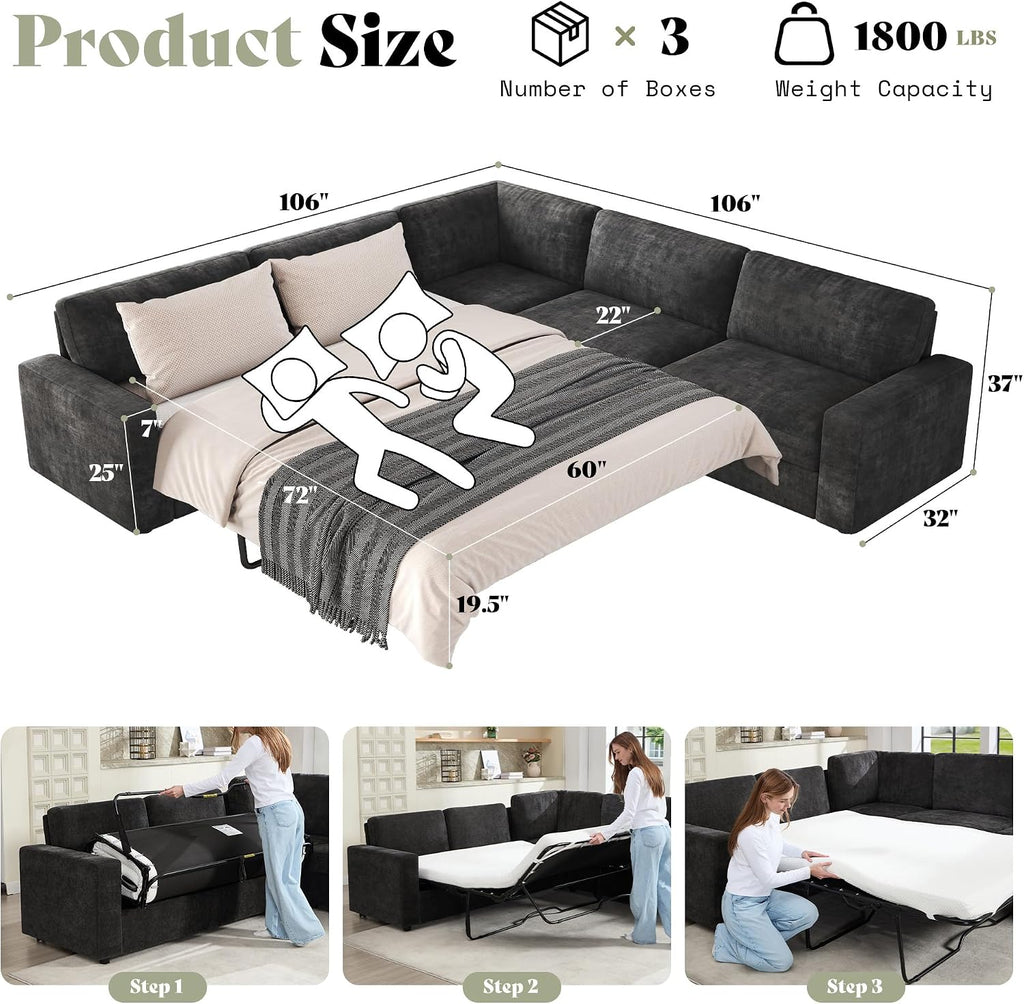 AMERLIFE 106' Oversized Sofa Bed, Sectional Sleeper Sofa with Pull Out Bed, 3 in 1 Convertible Sofa Bed, L Shaped Couch with Storage, High Resilience Mattress, Chenille Grey