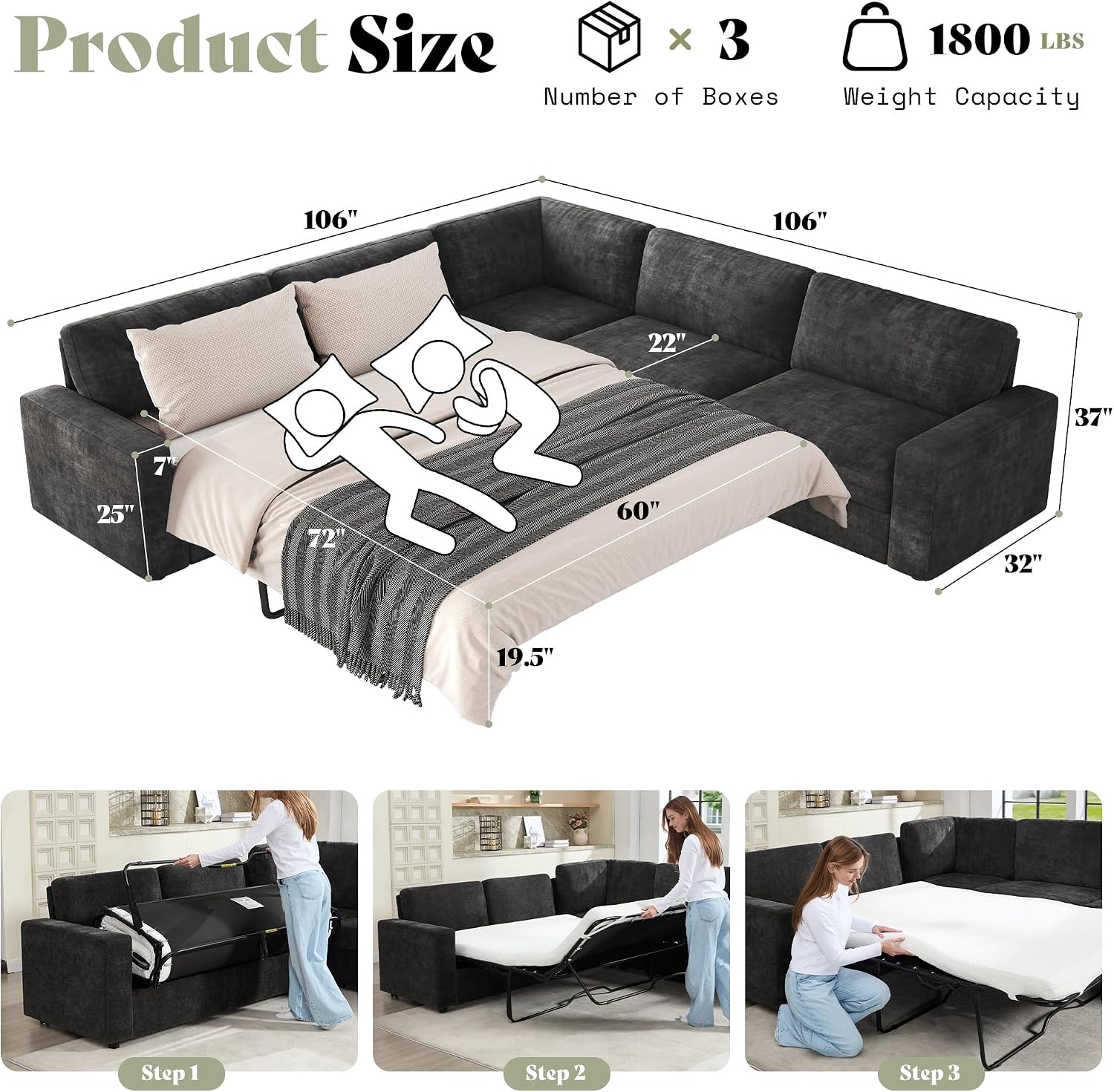 AMERLIFE 106' Oversized Sofa Bed, Sectional Sleeper Sofa with Pull Out Bed, 3 in 1 Convertible Sofa Bed, L Shaped Couch with Storage, High Resilience Mattress, Chenille Grey