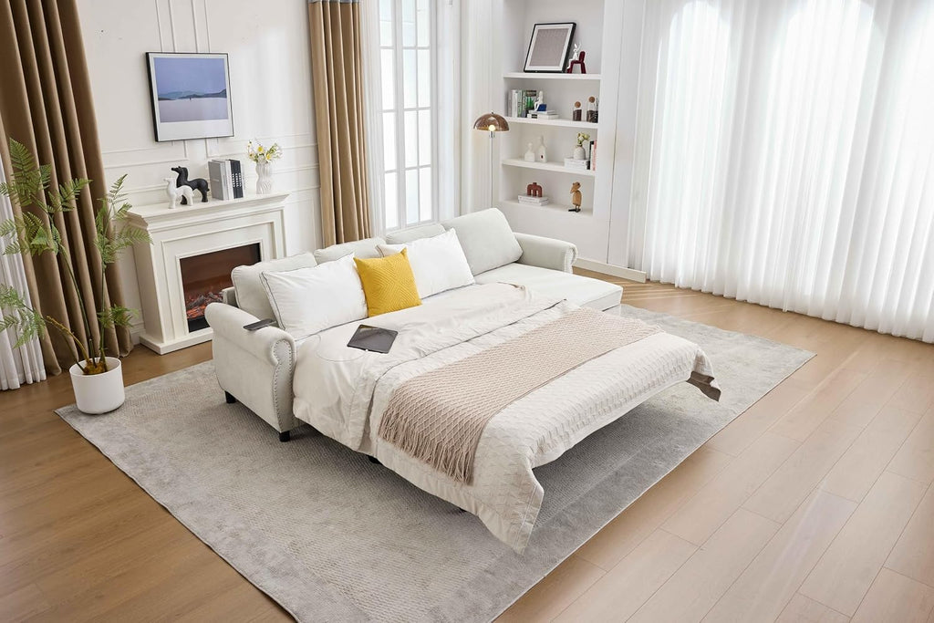 106.5'' Sectional Sofa Bed Full, Sleeper Sofa Bed, Flannel L-Shaped Couch with Mattress, Convertible Pull Out Couch, Wireless Charging, USB, Storage Chaise for Living Room, Small Space, Beige